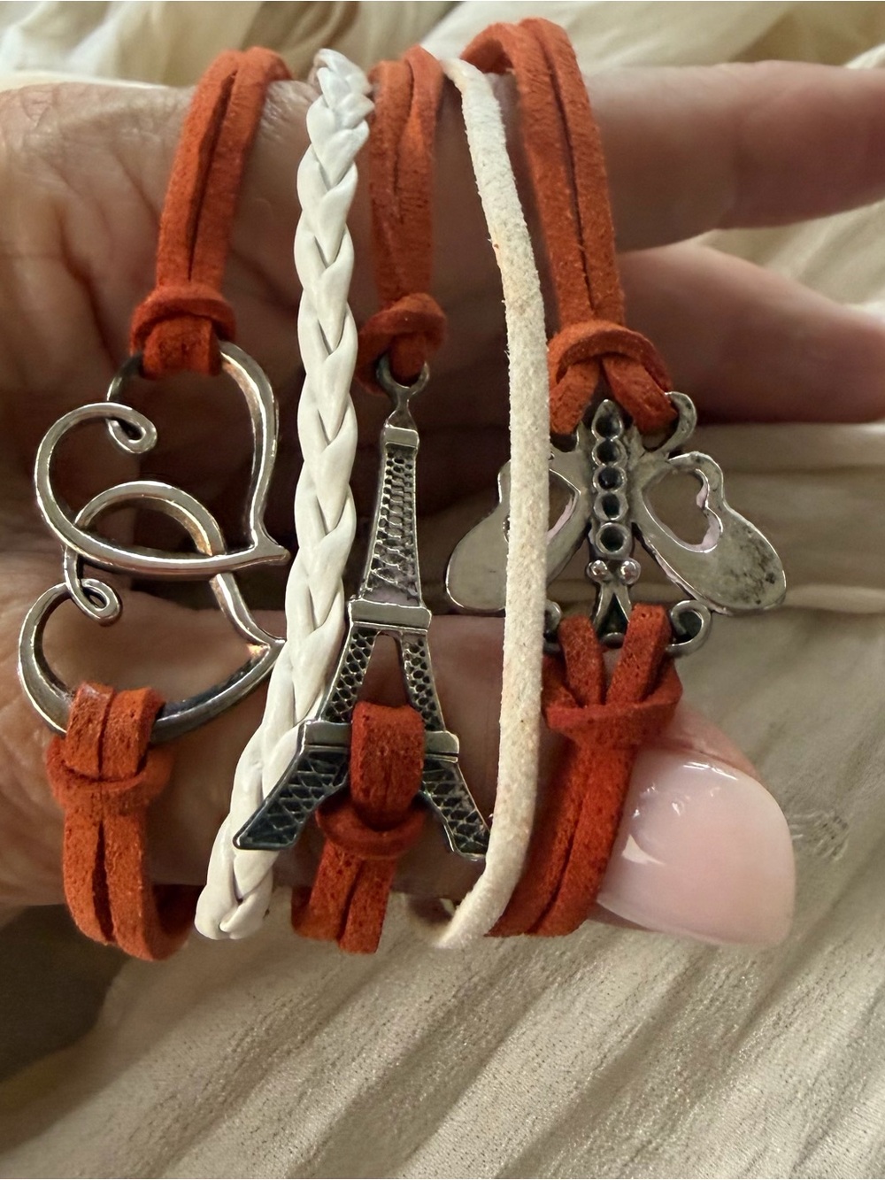 Multi Strand Suede Wrap Bracelet Eiffel Tower Hearts Butterfly Terracotta White